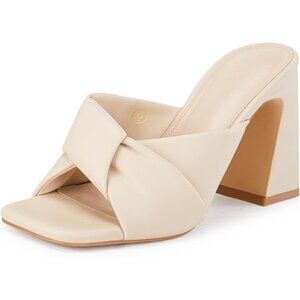 Women's Apricot Chunky Heeled Mules Puffy Knot Square Open Toe Slip On Sandals